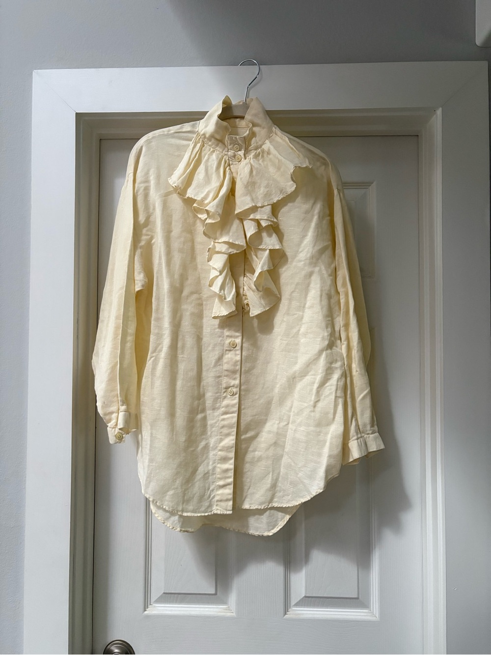Pale Yellow Ruffle Front Button-Down Blouse